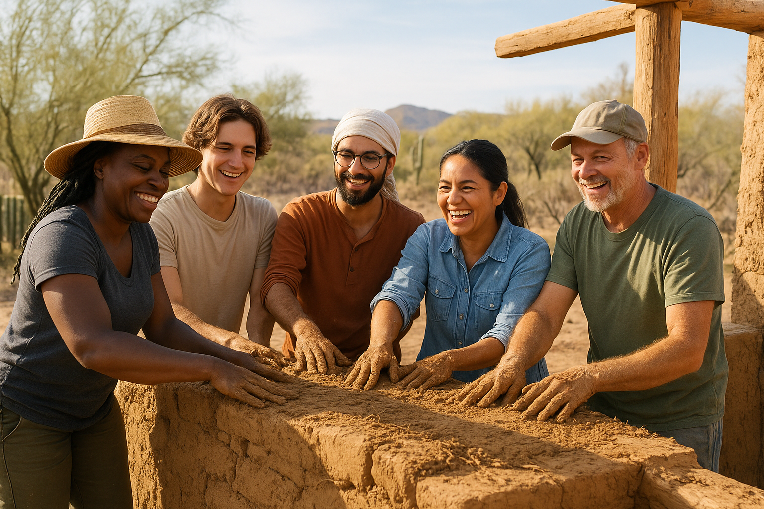 Diverse group building an earthen wall during a TGIA Farms workshop